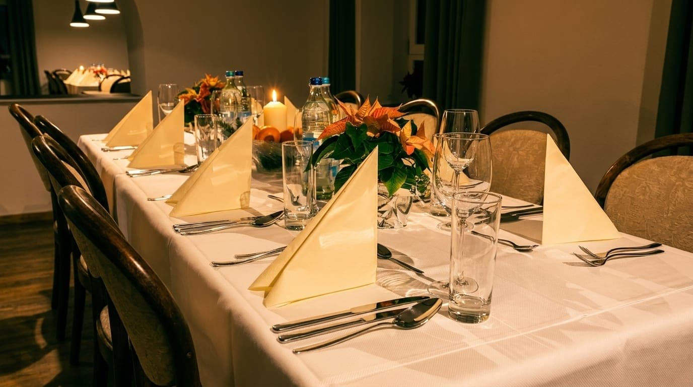 Abendlich gedeckte Tafel mit Kerze und gelben Servietten