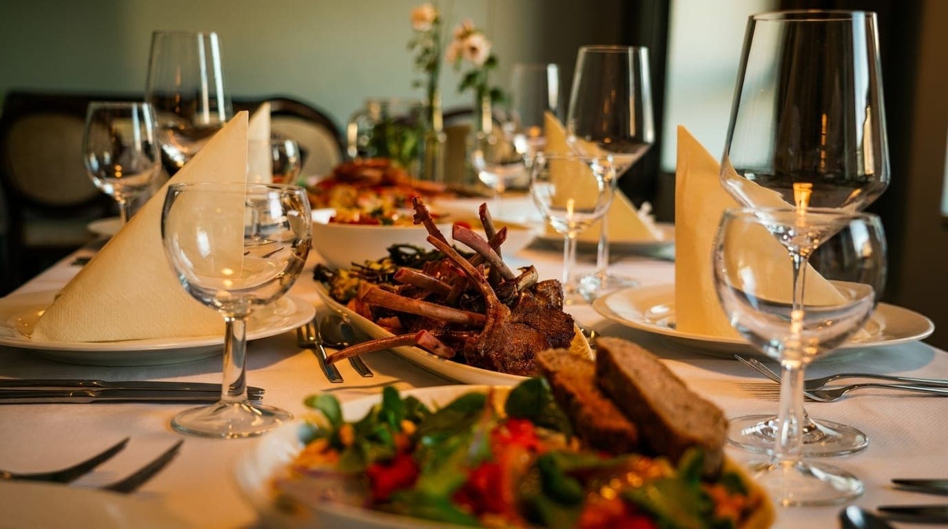 Gedeckte Tafel am Abend mit Lammplatte, Weingläsern und Kerzenlicht