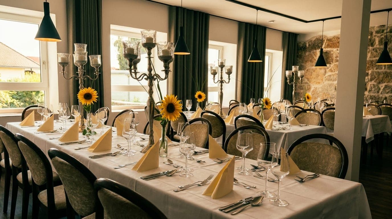 Festtafeln mit Sonnenblumen und Kerzenleuchtern im Saal der KnochenMühle