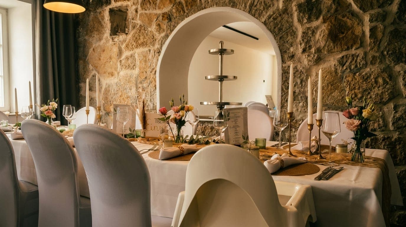 Festlich gedeckte Tafel vor der Steinwand der KnochenMühle — das Zuhause des Familienbetriebs Krötzinger