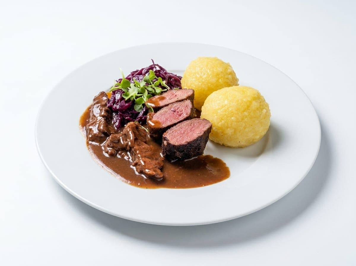 Geschmorter Braten in dunkler Sauce mit zwei Kartoffelknödeln und Blaukraut auf weißem Teller