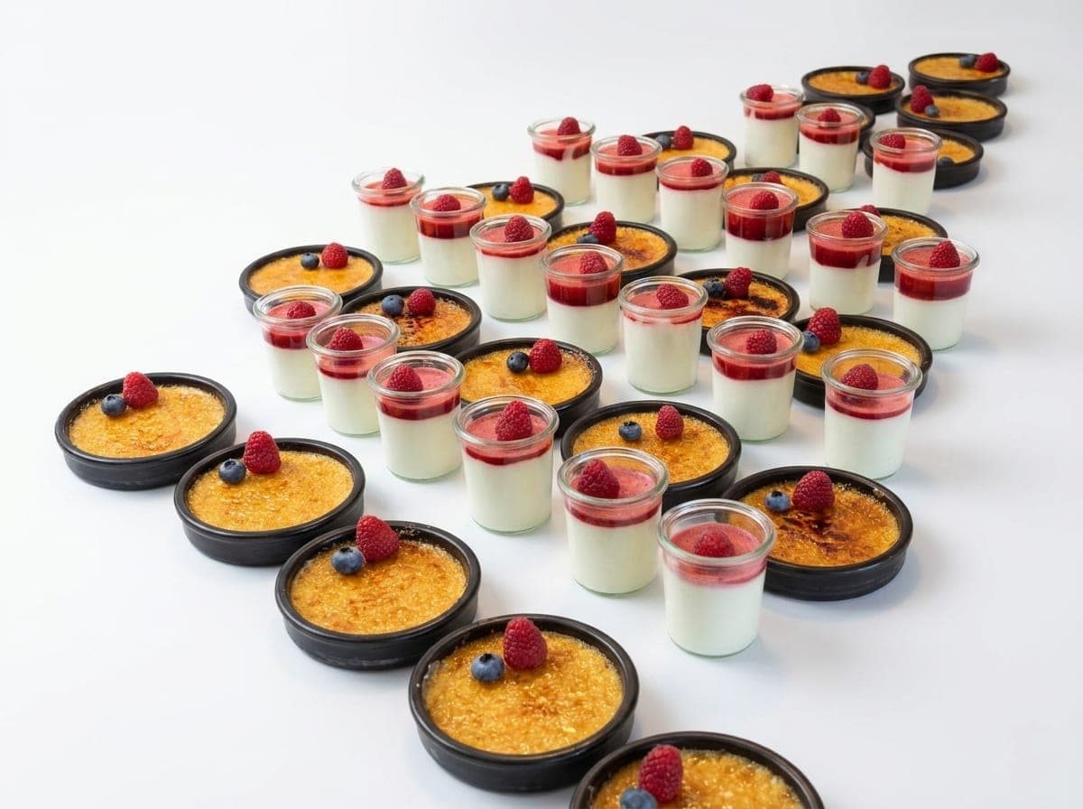 Crème brûlée und Panna cotta mit Himbeeren in kleinen Gläsern und Schälchen