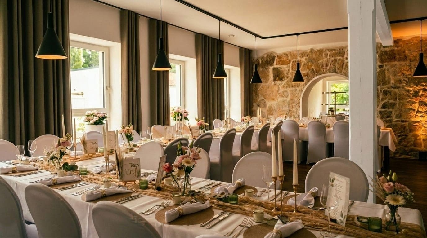 Festlich eingedeckte Hochzeitstafeln im großen Saal der KnochenMühle mit Steinwand und Pendelleuchten